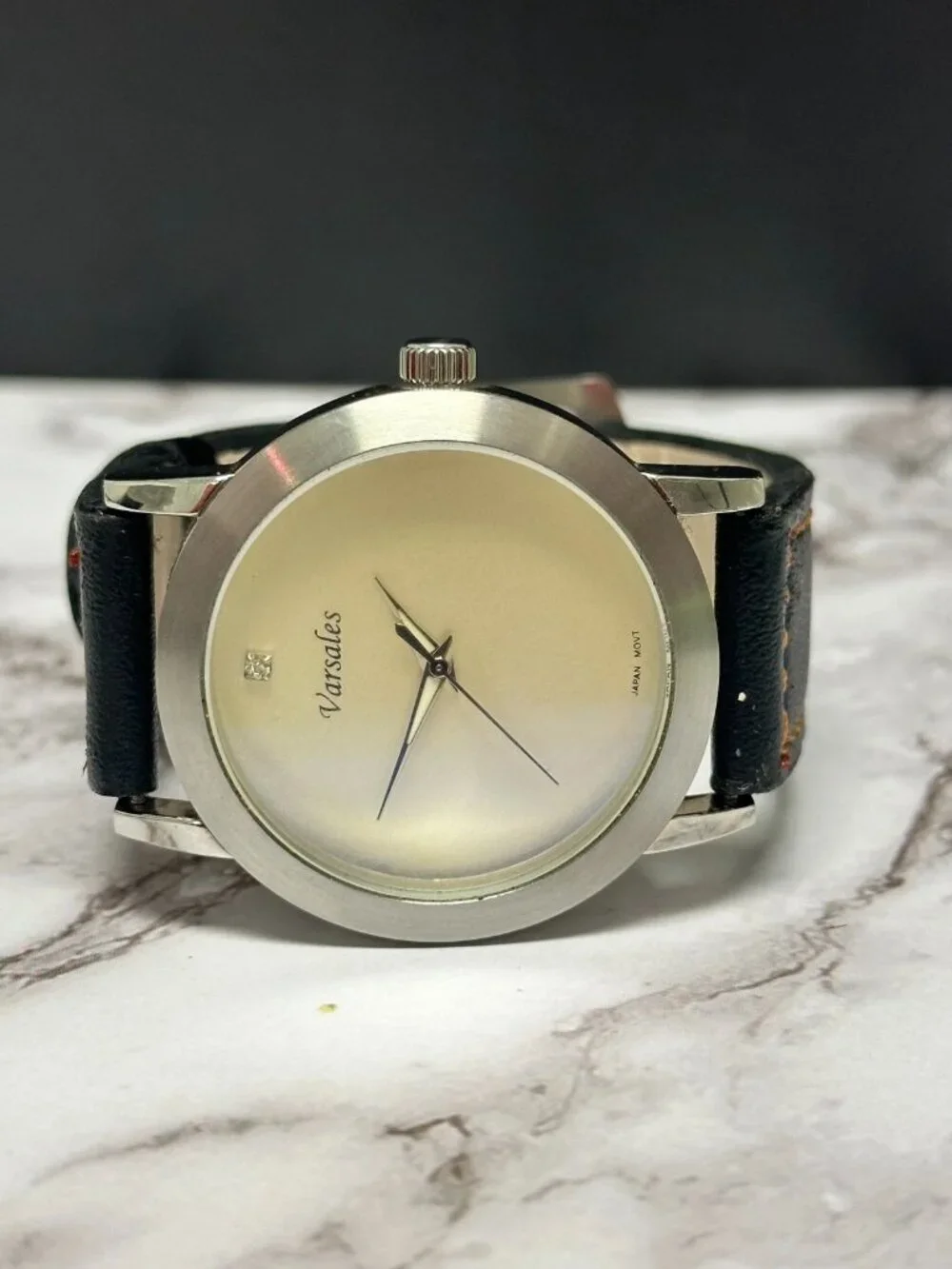 3/$30 Varsales Watch Men Silver Tone Black Faux Leather Band 40MM Dial